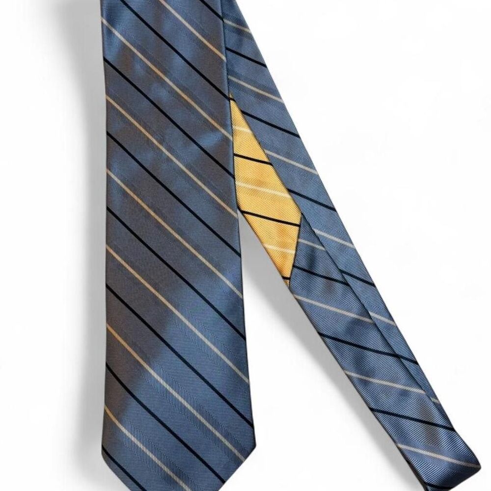 VTG 90s Tommy Hilfiger Silk Tie Blue Gold Striped Crest Tipping Preppy